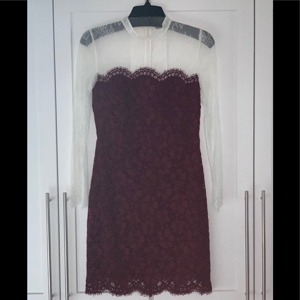 Sandro burgundy & white lace cocktail dress